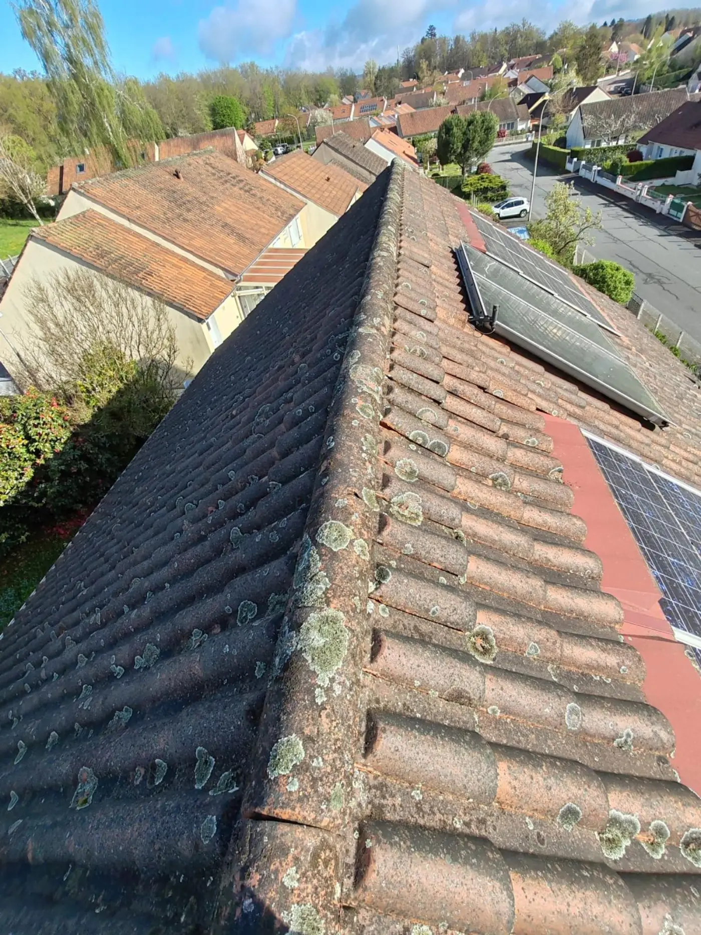 Toiture en tuiles fortement encrassée avant démoussage à Limoges